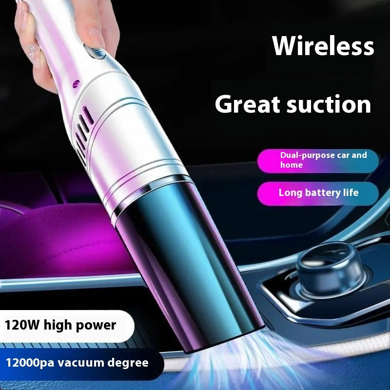 Compact white car vacuum with charging and storage setup
