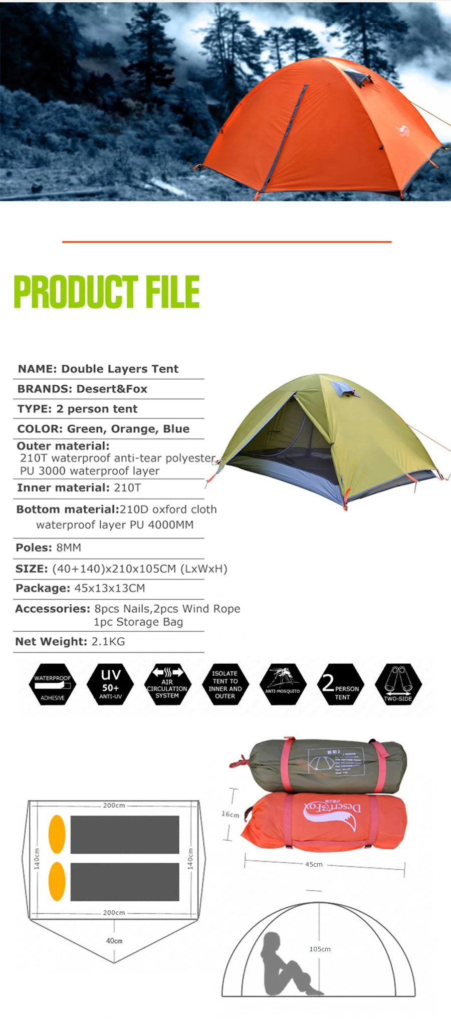 Two Persons Portable, Foldable Tent with Double Layer Four Seasons Waterproof Breathable Lightweight Material