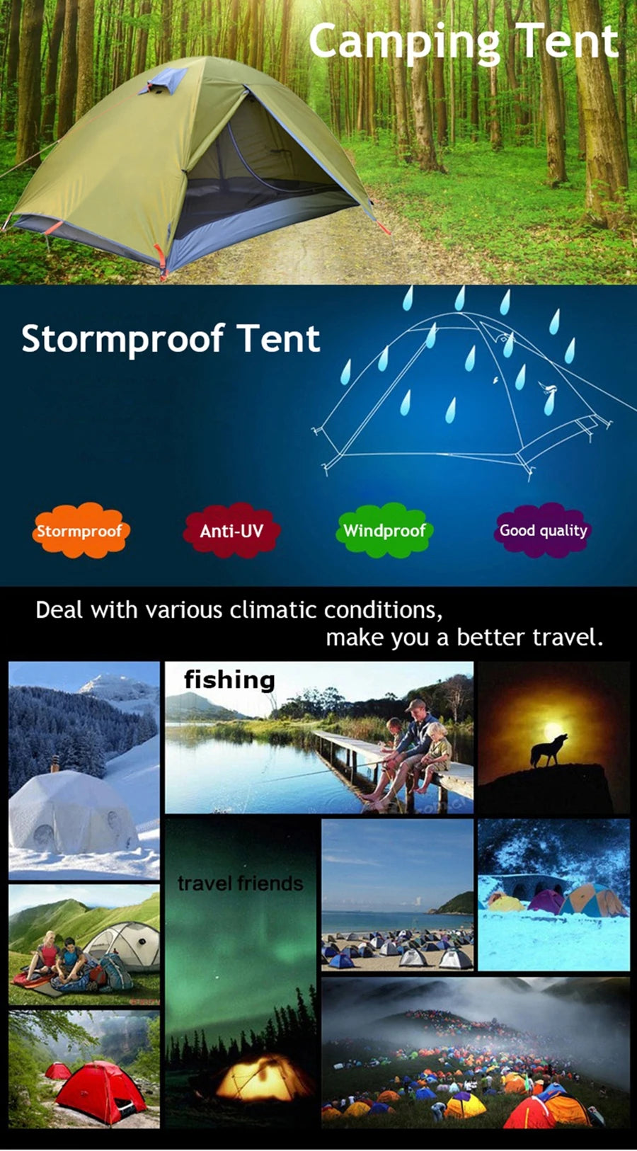 Two Persons Portable, Foldable Tent with Double Layer Four Seasons Waterproof Breathable Lightweight Material