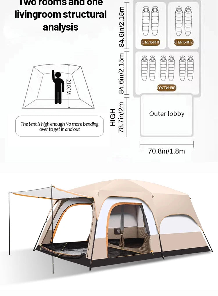 Four Season Camping Tent Fits 8+ Person, Waterproof, Windproof, Double Layer Breathable Material, Can Confirm into 2 Rooms