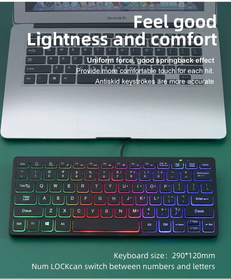 M70 Slim Keyboard Wired, APAYADO Mini Dazzling Color Keyboard, Character Translucent Keycaps, Bass Click, RGB