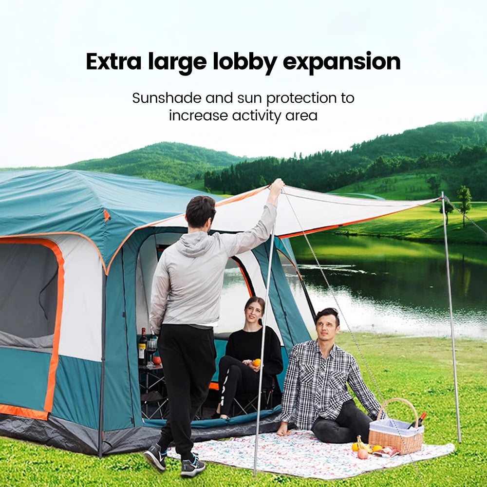 Four Season Camping Tent Fits 8+ Person, Waterproof, Windproof, Double Layer Breathable Material, Can Confirm into 2 Rooms