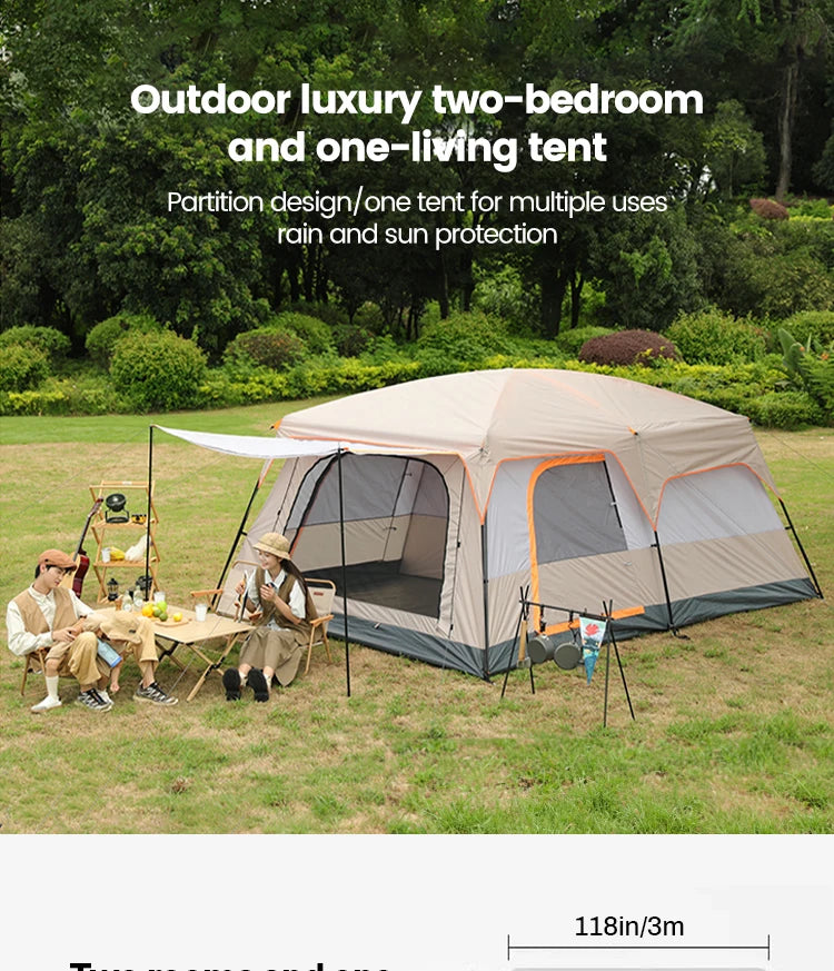 Four Season Camping Tent Fits 8+ Person, Waterproof, Windproof, Double Layer Breathable Material, Can Confirm into 2 Rooms