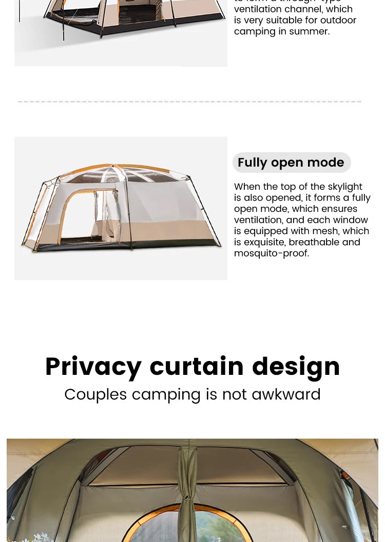 Four Season Camping Tent Fits 8+ Person, Waterproof, Windproof, Double Layer Breathable Material, Can Confirm into 2 Rooms