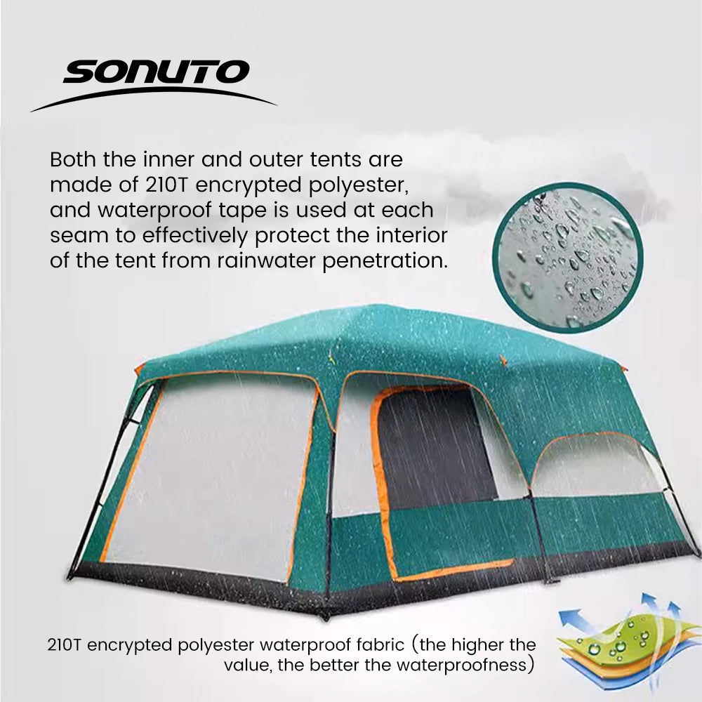 Four Season Camping Tent Fits 8+ Person, Waterproof, Windproof, Double Layer Breathable Material, Can Confirm into 2 Rooms