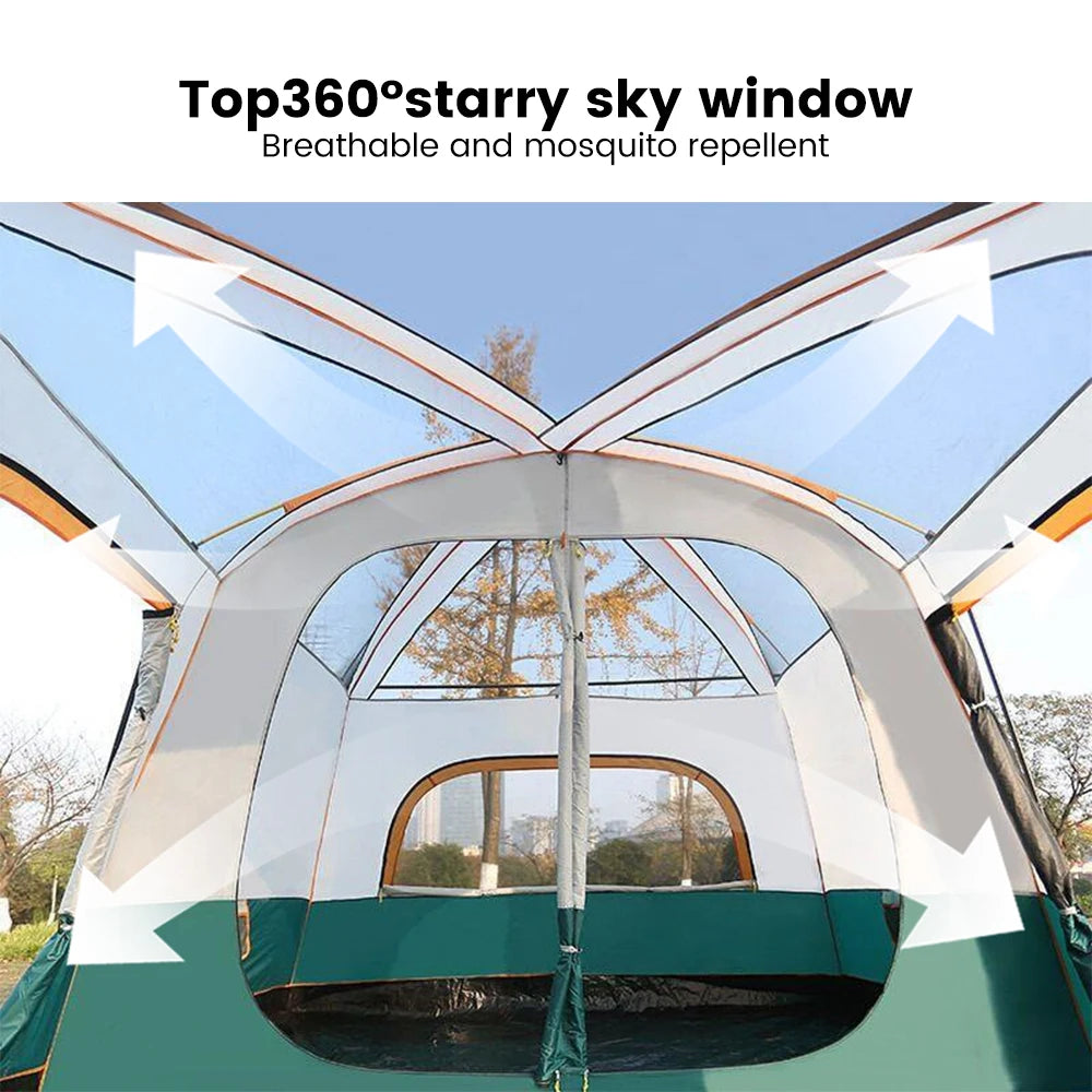 Four Season Camping Tent Fits 8+ Person, Waterproof, Windproof, Double Layer Breathable Material, Can Confirm into 2 Rooms