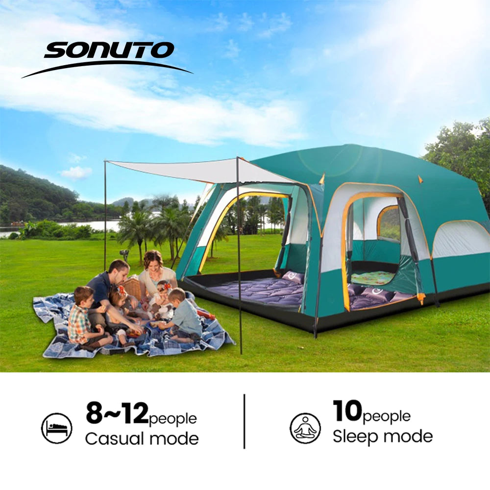 Four Season Camping Tent Fits 8+ Person, Waterproof, Windproof, Double Layer Breathable Material, Can Confirm into 2 Rooms