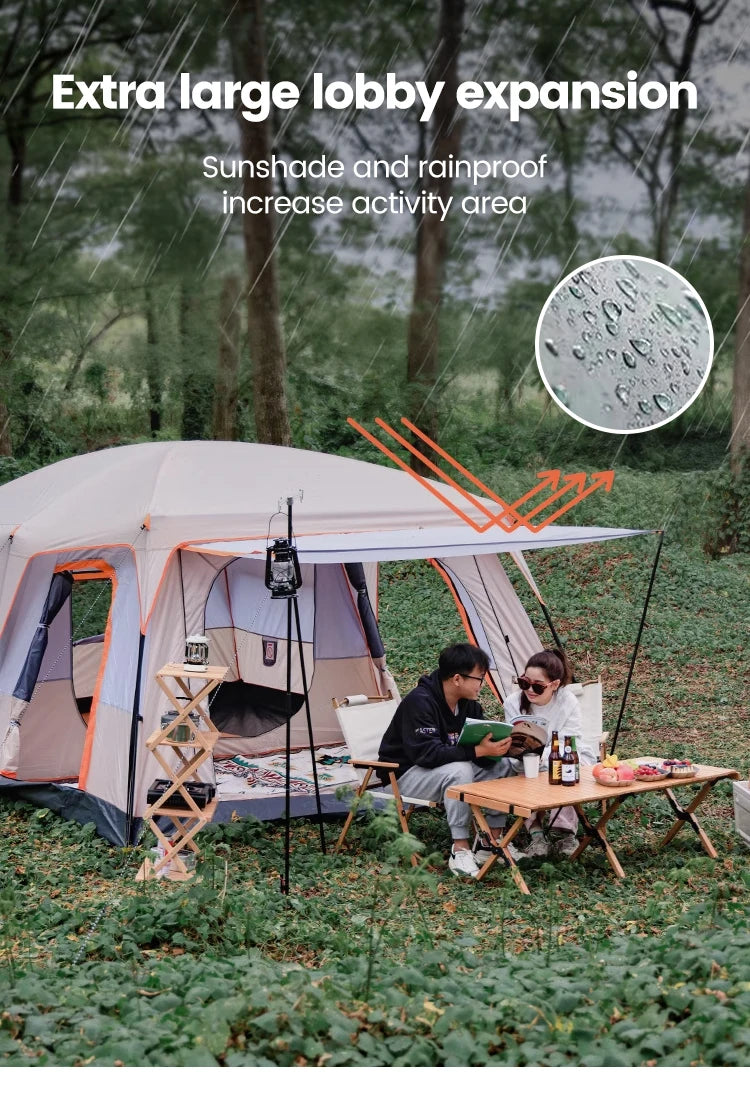 Four Season Camping Tent Fits 8+ Person, Waterproof, Windproof, Double Layer Breathable Material, Can Confirm into 2 Rooms